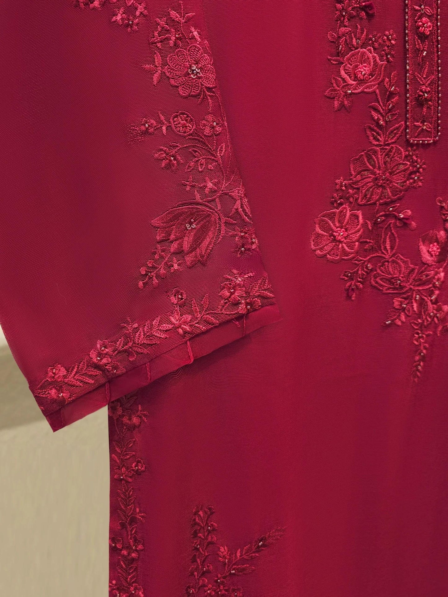 Agha Noor Embroidered Cotton Net Suit: Silk Pants, Maroon - 2 Piece
