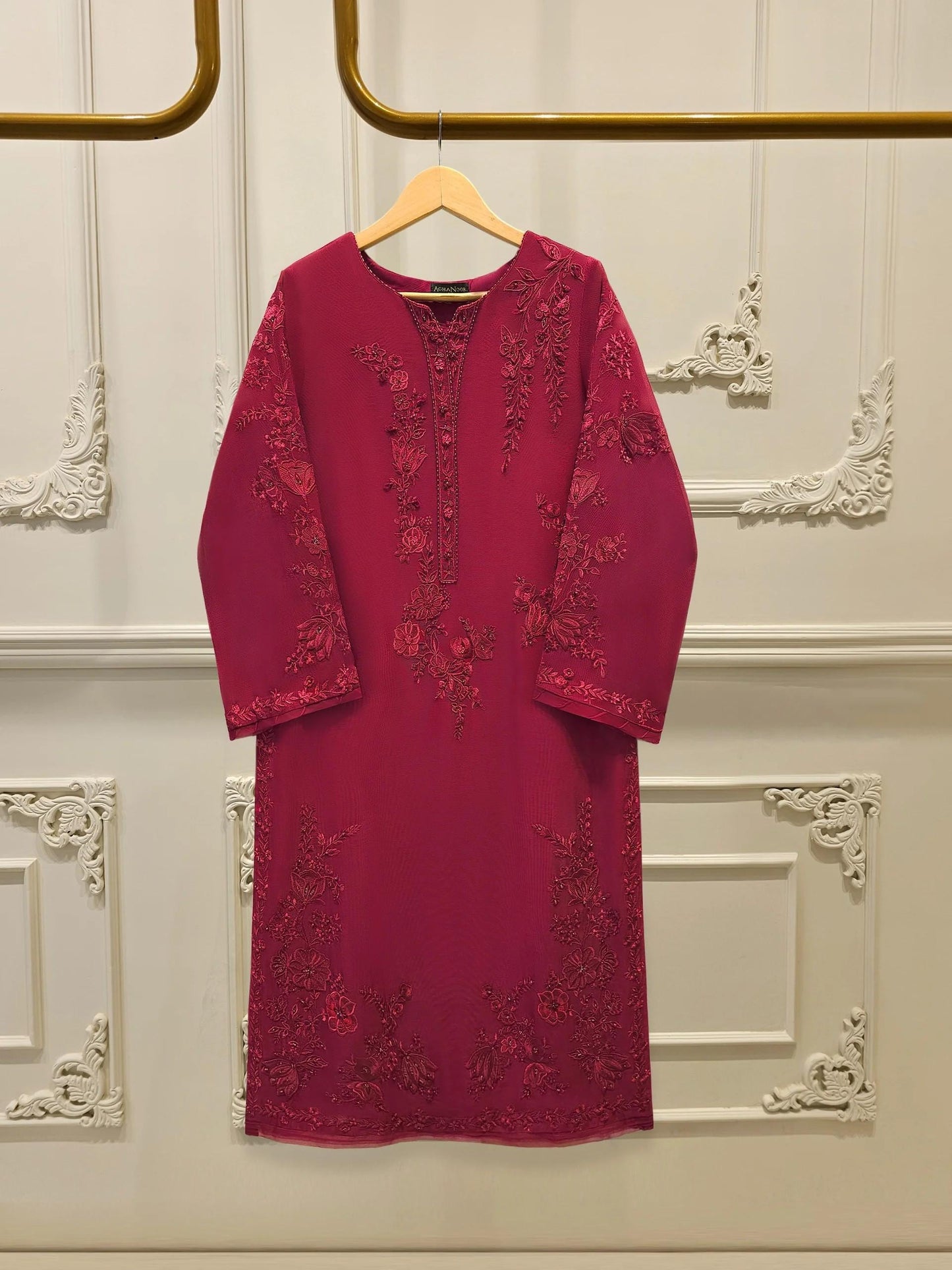 Agha Noor Embroidered Cotton Net Suit: Silk Pants, Maroon - 2 Piece