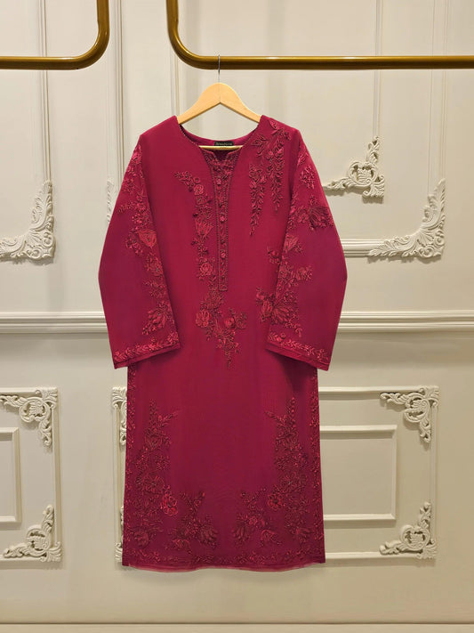Agha Noor Embroidered Cotton Net Suit: Silk Pants, Maroon - 2 Piece