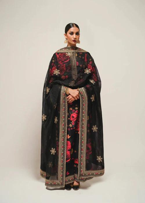 Embroidered Lawn Suit: Red Roses on Black, Palazzo Pants & Silk Dupatta