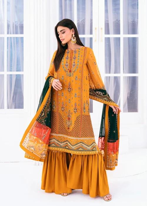 Embroidered Mustard Chiffon Suit - Silk Gharara - 3 Piece