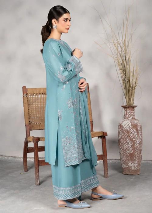 3 piece - Silver Sequin Embroidered Lawn Suit with Chiffon Dupatta - Powder Blue