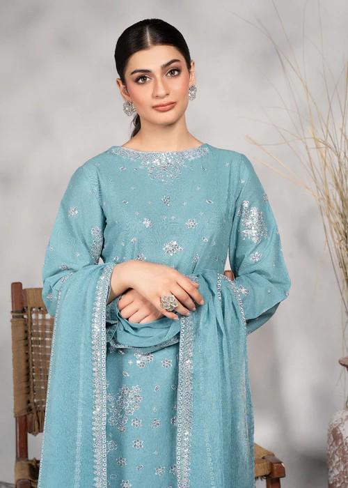 3 piece - Silver Sequin Embroidered Lawn Suit with Chiffon Dupatta - Powder Blue