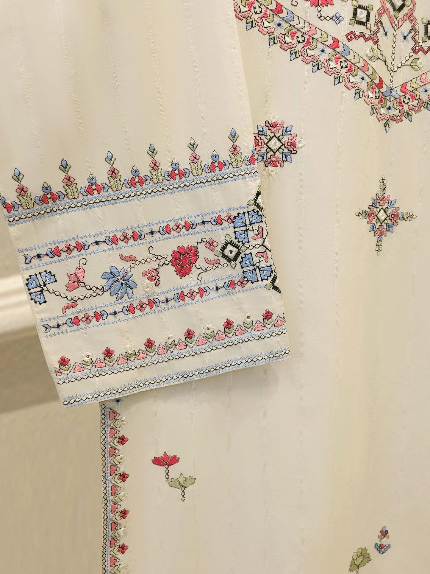 Embroidered Jacquard Suit - Agha Noor 2 piece - Off White - Korean Silk Pants