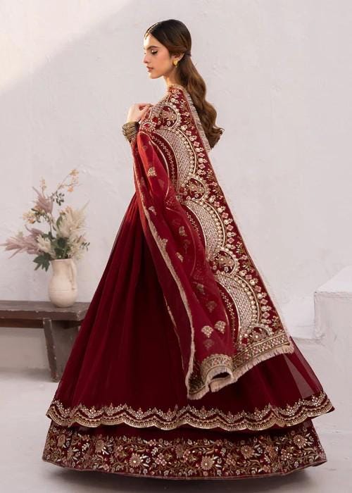 Maroon Chiffon Anarkali - Raw Silk Pants - 3 Piece Pakistani Designer Festive Wear