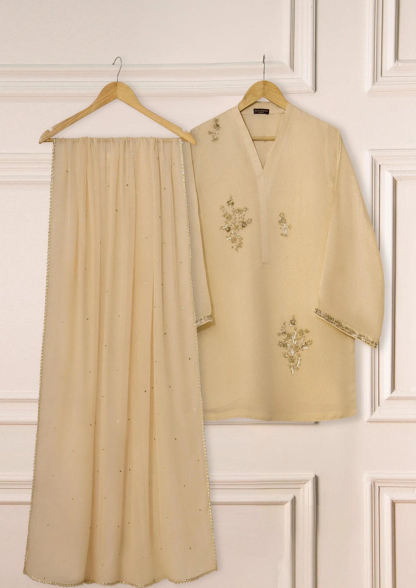 Agha noor 3 Piece Pure Cotton Net Embroidered Suit - Beige