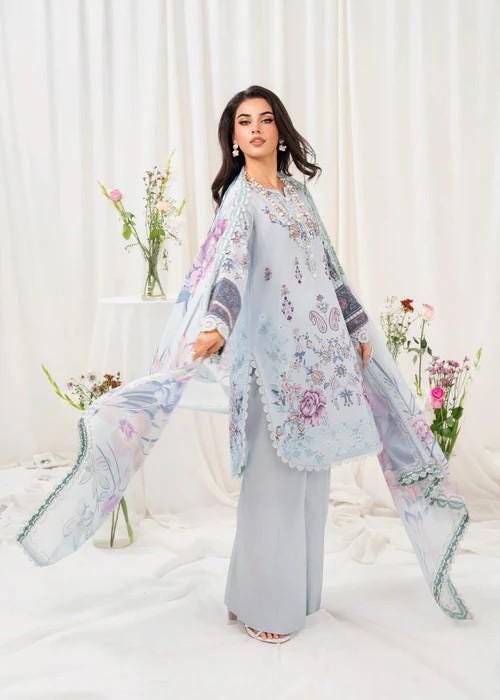 Designer Printed Cotton Suit - Soft Voile Chiffon Dupatta - Ice Blue