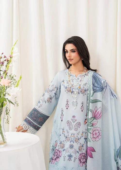 Designer Printed Cotton Suit - Soft Voile Chiffon Dupatta - Ice Blue