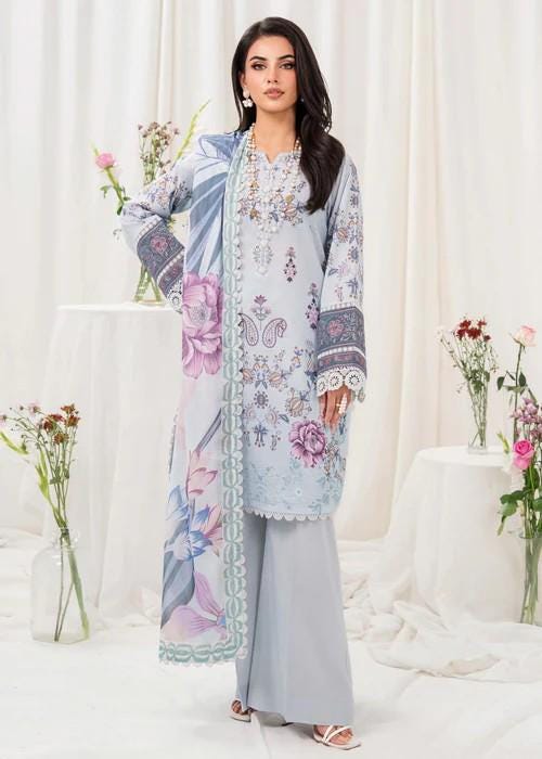 Designer Printed Cotton Suit - Soft Voile Chiffon Dupatta - Ice Blue