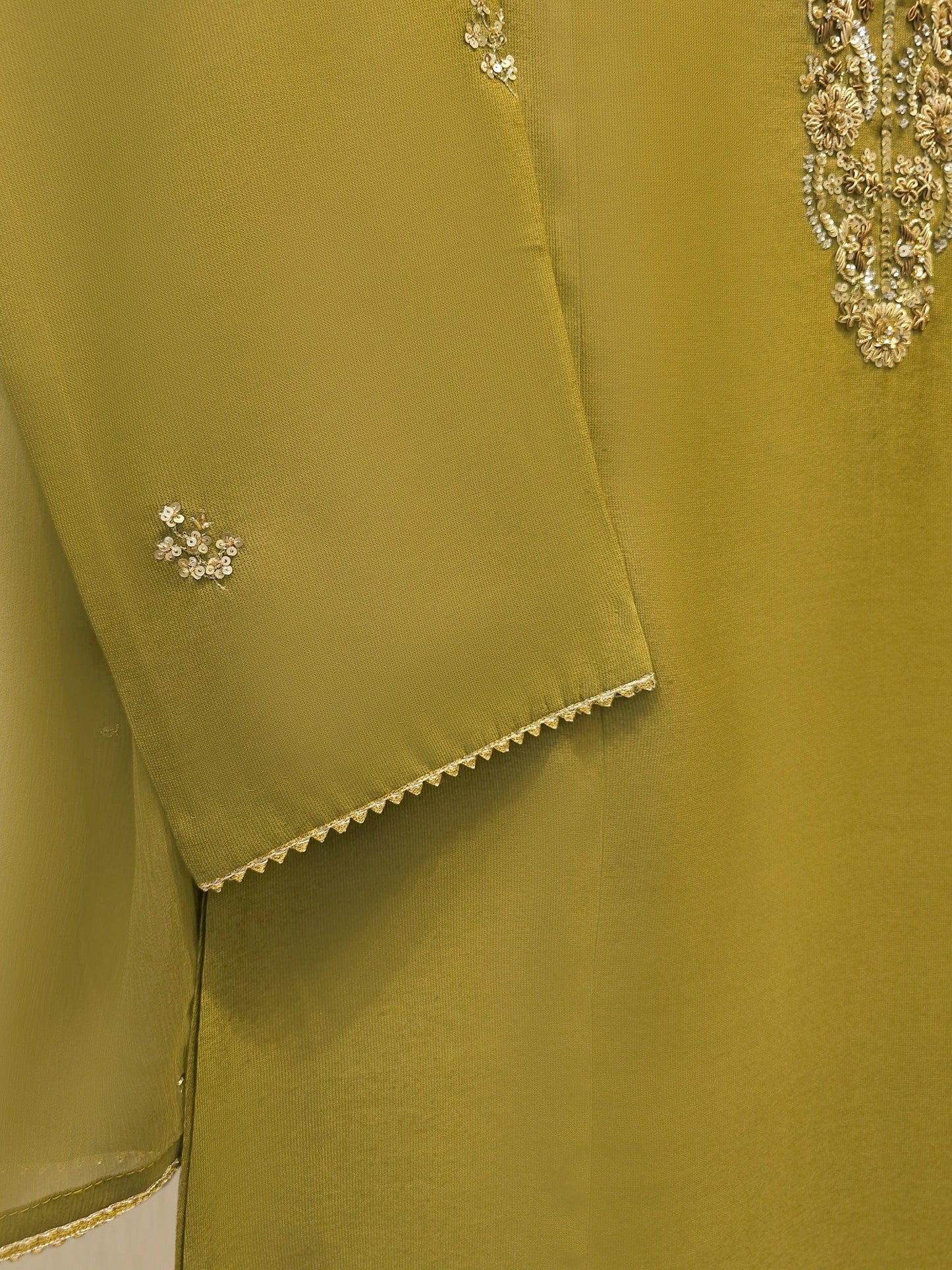 Agha Noor 3 Piece Embroidered Pure Silk Net Suit: Dhani Green, Raw Silk Pants, Chiffon Dupatta
