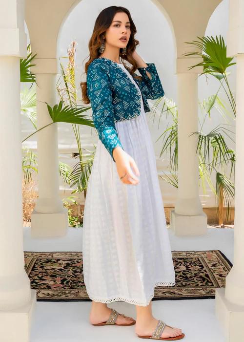 Modern White Pishwas - Maxi Dress with Embroidered Bolero  (Koti) - Large