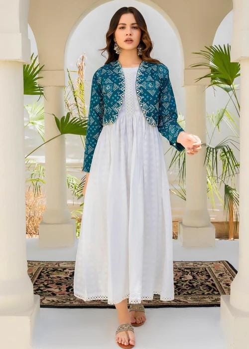 Modern White Pishwas - Maxi Dress with Embroidered Bolero  (Koti) - Large