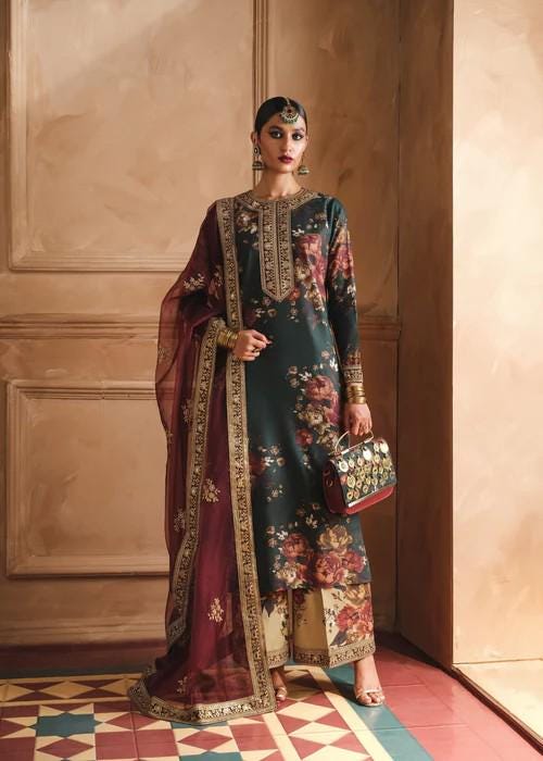 Embroidered Lawn Suit with Palazzo Pants & Silk Dupatta - Dark Green