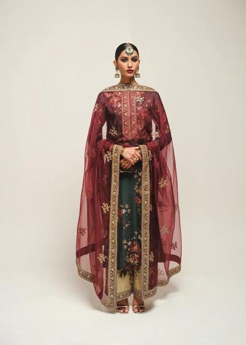 Embroidered Lawn Suit with Palazzo Pants & Silk Dupatta - Dark Green
