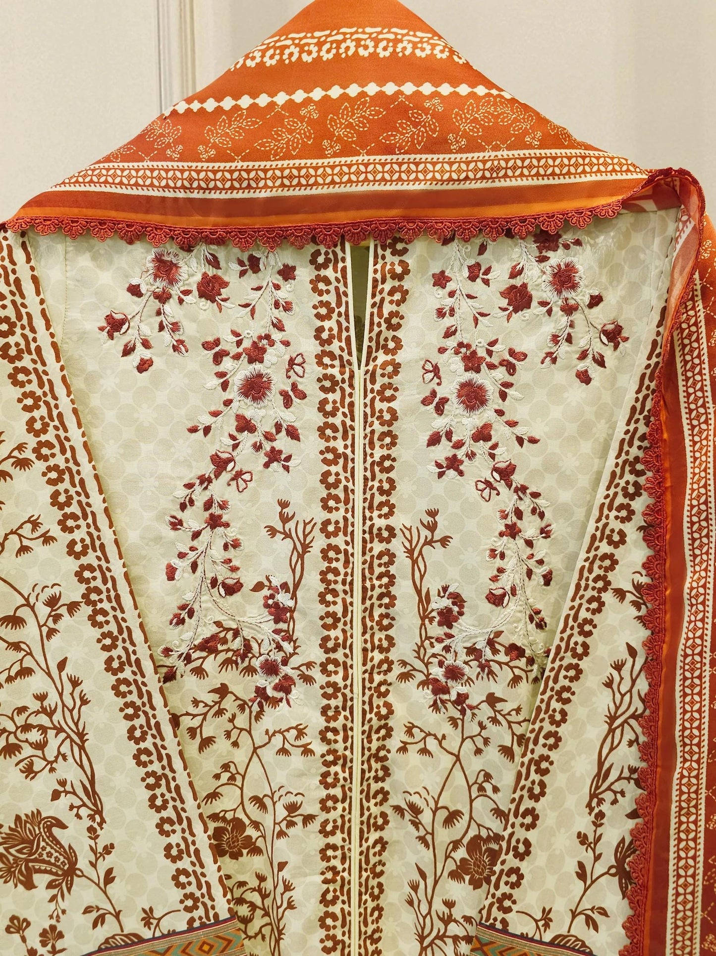 Agha Noor 3 piece - Embroidered Lawn Suit - Caramel and Cream Color