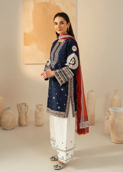 3 piece - Pakistani Designer Cotton Suit - Chiffon Dupatta