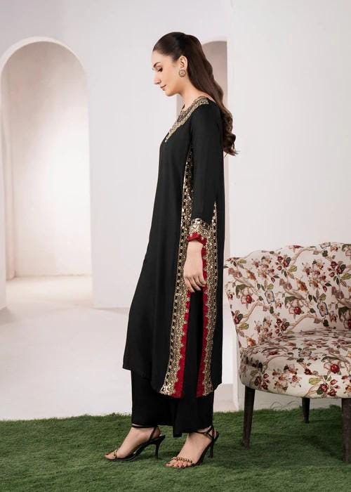 2 piece - Embroidered Lawn Suit - Black and Red