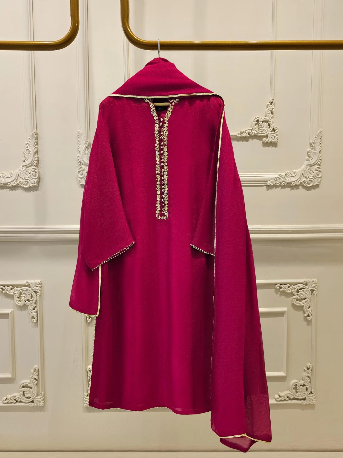 Aghanoor 3 piece - (Size- Medium, Large) -Cotton Net Embroidered Suit - Magenta
