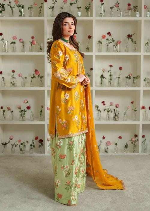 4 Piece Embroidered Silk Suit: Farshi Shalwar, Chiffon Dupatta & Potli Bag