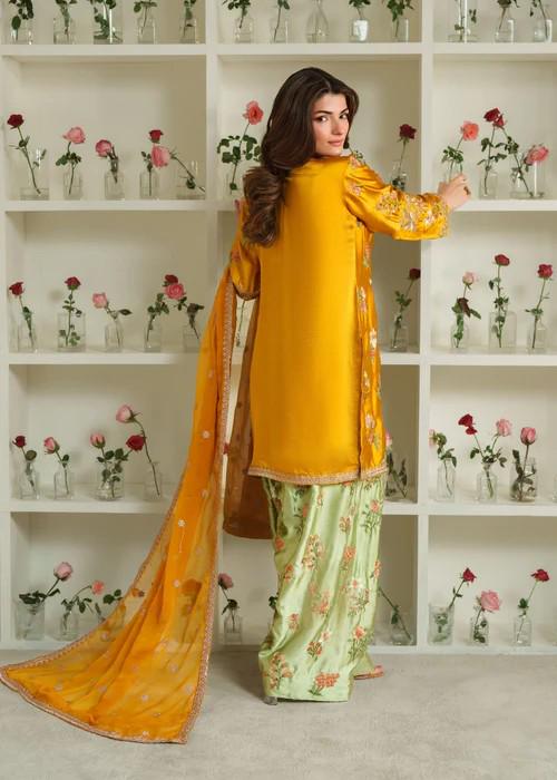 4 Piece Embroidered Silk Suit: Farshi Shalwar, Chiffon Dupatta & Potli Bag