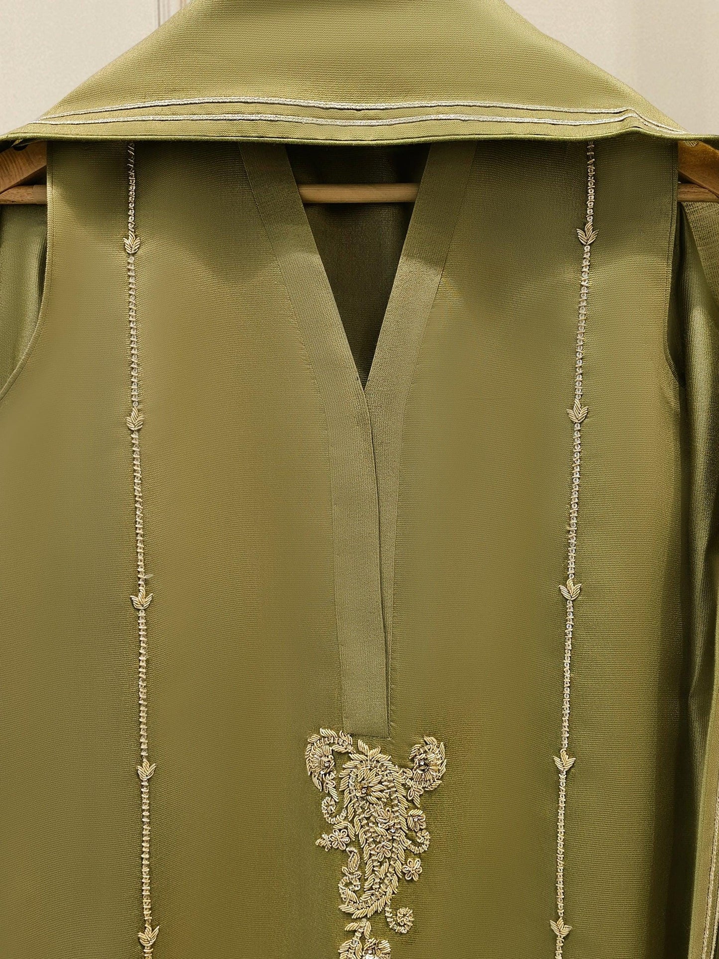 Embroidered Pure Silk Suit: Agha Noor Olive Green
