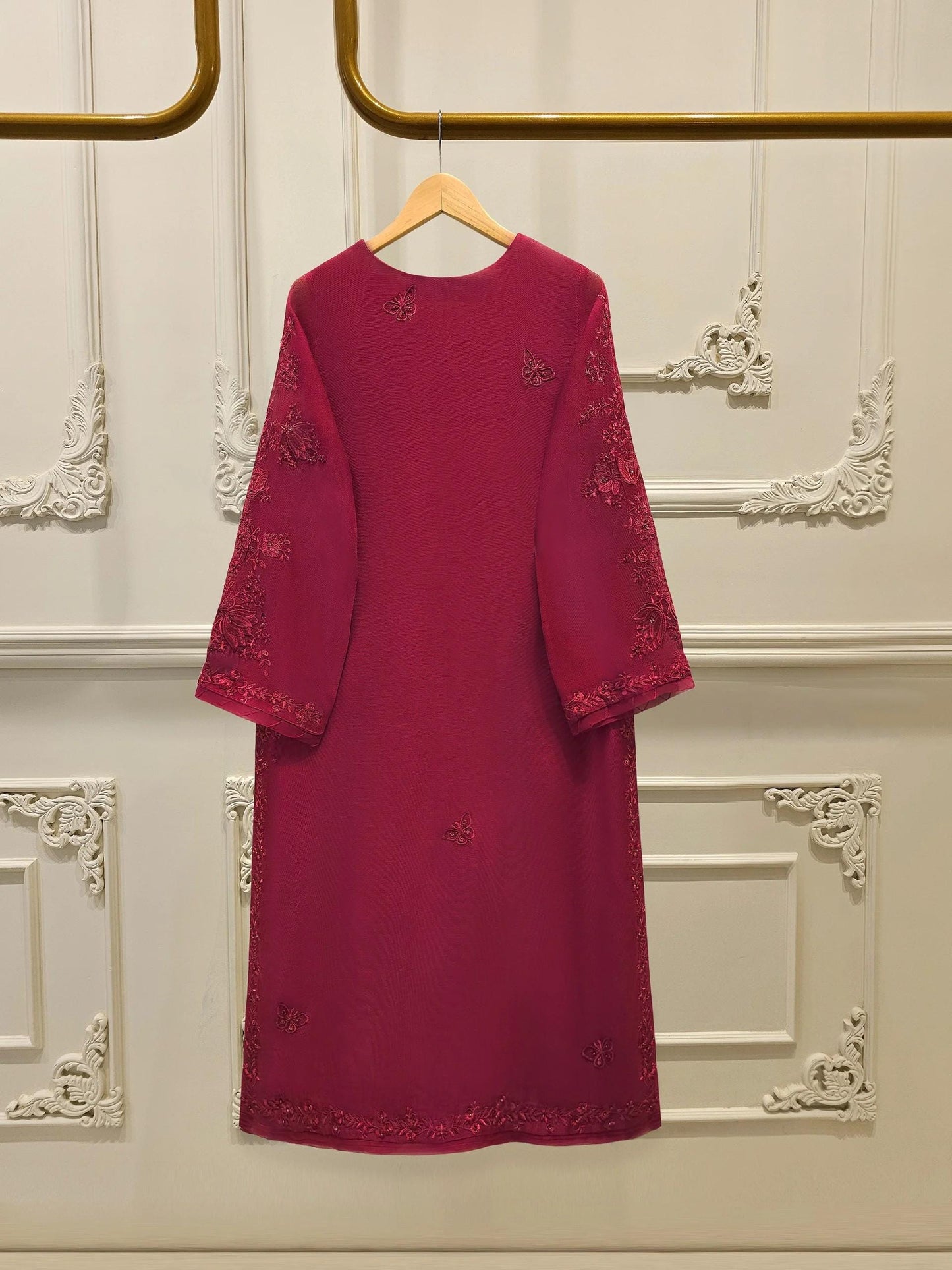 Agha Noor Embroidered Cotton Net Suit: Silk Pants, Maroon - 2 Piece