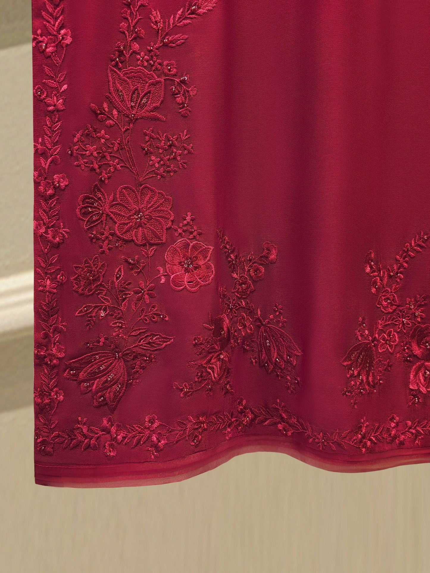 Agha Noor Embroidered Cotton Net Suit: Silk Pants, Maroon - 2 Piece