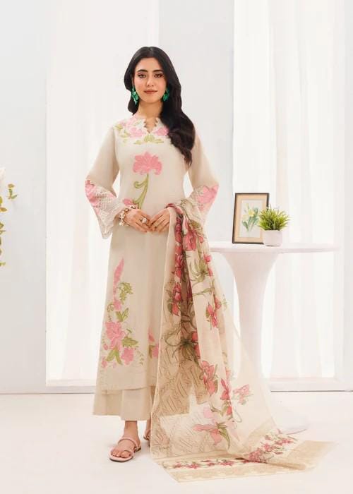 3 piece Embroidered Lawn Suit - Ivory