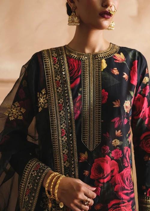 Embroidered Lawn Suit: Red Roses on Black, Palazzo Pants & Silk Dupatta