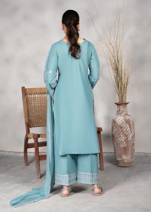 3 piece - Silver Sequin Embroidered Lawn Suit with Chiffon Dupatta - Powder Blue
