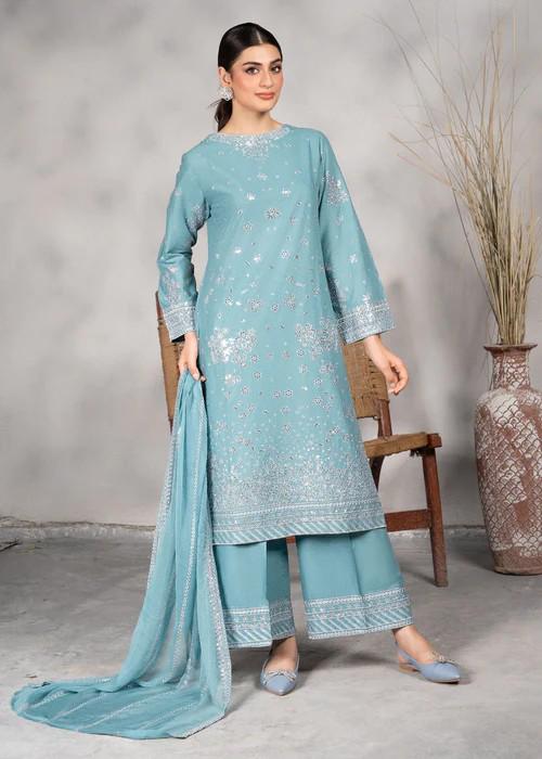 3 piece - Silver Sequin Embroidered Lawn Suit with Chiffon Dupatta - Powder Blue