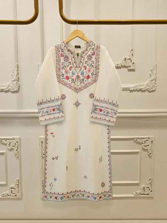 Embroidered Jacquard Suit - Agha Noor 2 piece - Off White - Korean Silk Pants