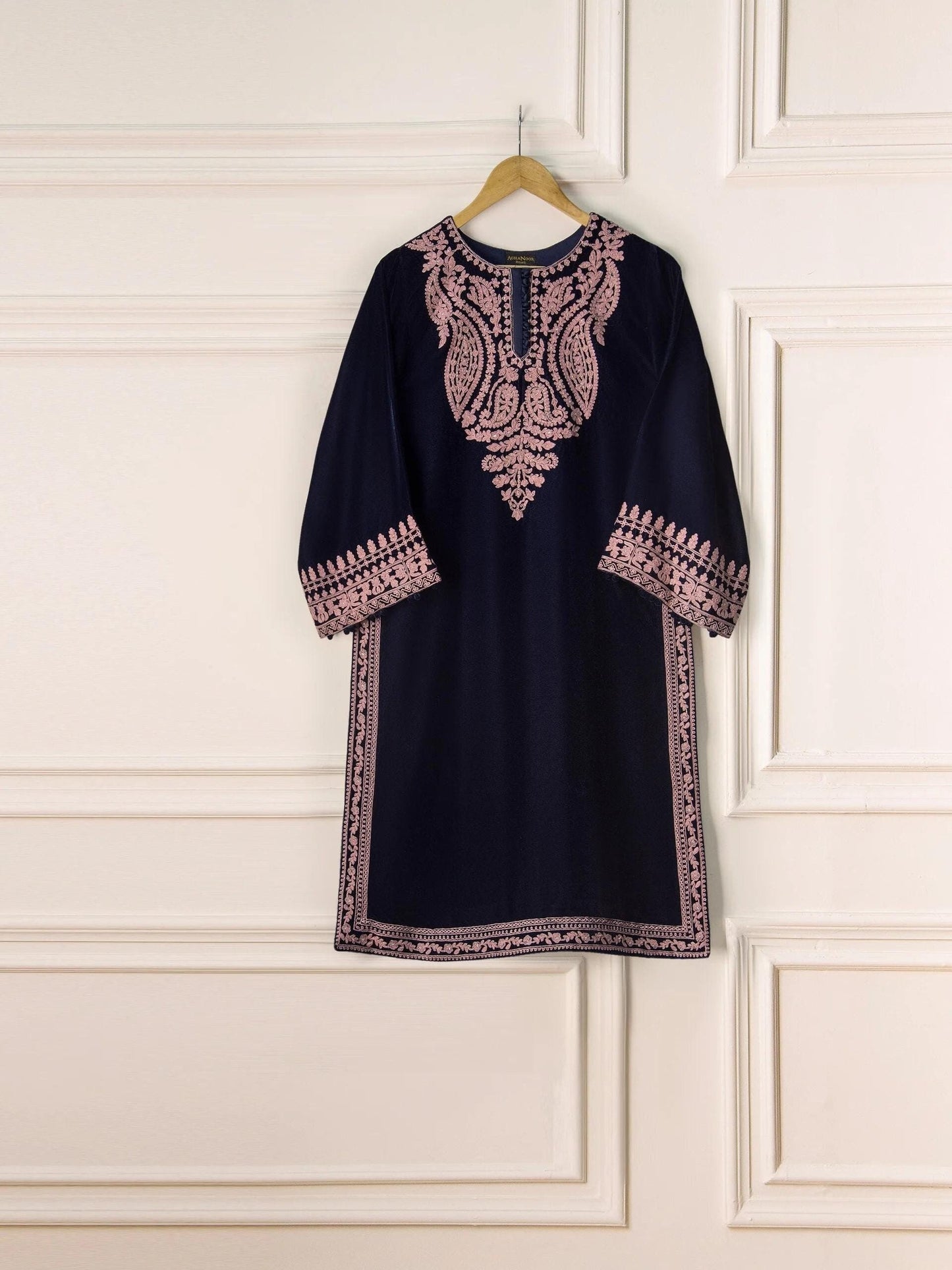 Agha Noor 2 piece - Embroidered Velvet Suit - Navy Blue - Raw Silk Pants