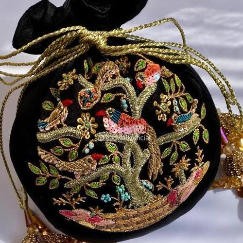 Beautiful Handmade Velvet Potli Bag for Weddings and Parties - Chamki and Zari Embroidery