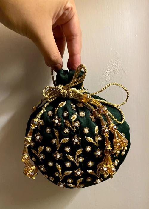 Handmade Silk Potli Bag with Zardosi and Pearls Embroidery - Bottle Green