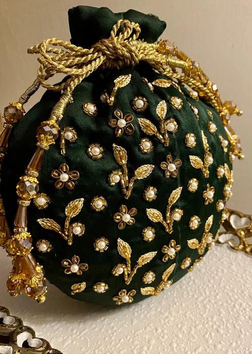 Handmade Silk Potli Bag with Zardosi and Pearls Embroidery - Bottle Green