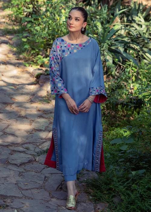 Embroidered Blue Viscose Kaftan Dress - Size Small