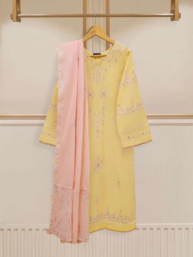 Agha Noor 2 piece - Embroidered Lawn Suit - Yellow and Pink