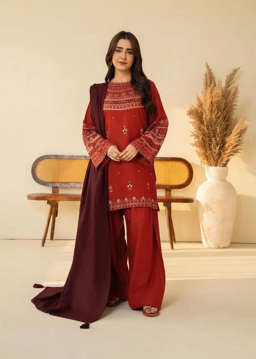 Embroidered Marina Farshi Shalwar Suit - 3 Piece Designer Winter Wear