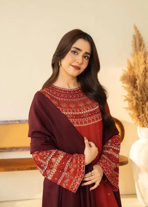 Embroidered Marina Farshi Shalwar Suit - 3 Piece Designer Winter Wear