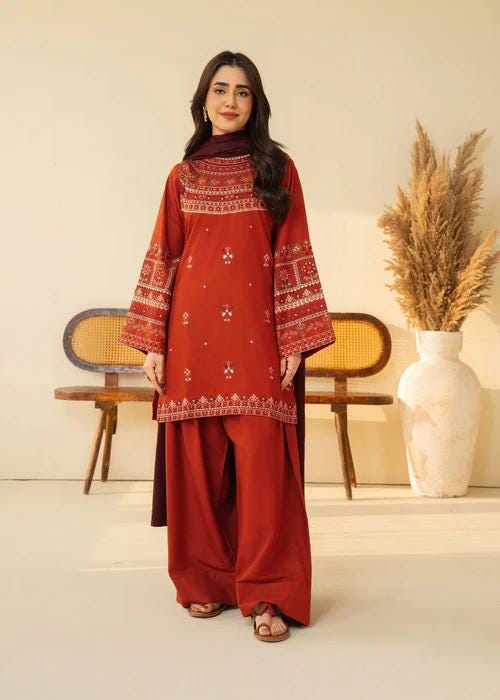 Embroidered Marina Farshi Shalwar Suit - 3 Piece Designer Winter Wear