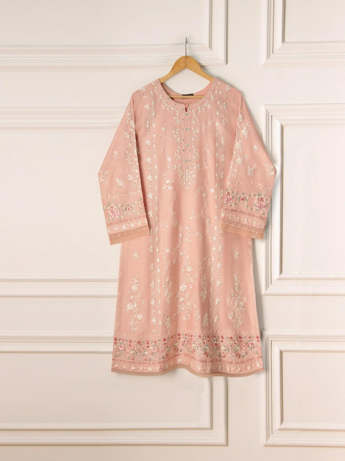 Aghanoor 2 Piece Pure Silk Embroidered Suit Size (Medium) - Peach - Raw Silk Pants