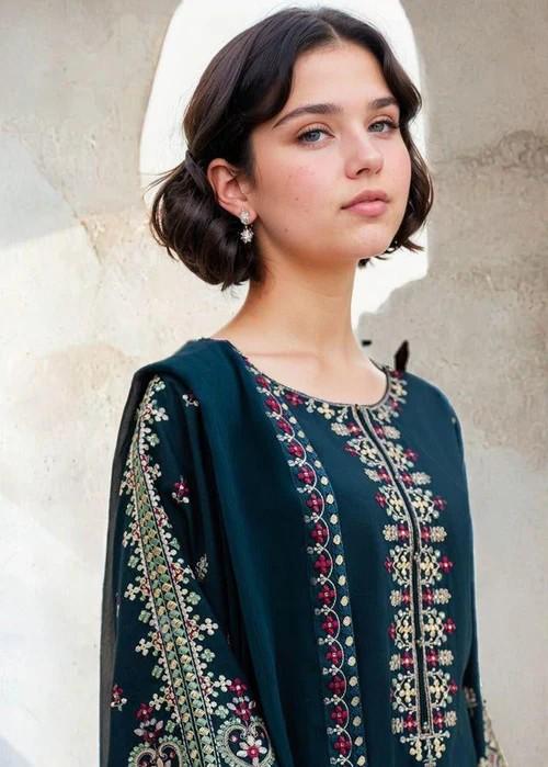 Embroidered Cotton Suit - Designer 3 piece - Chiffon Dupatta