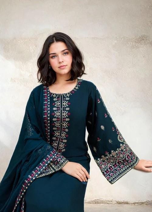Embroidered Cotton Suit - Designer 3 piece - Chiffon Dupatta