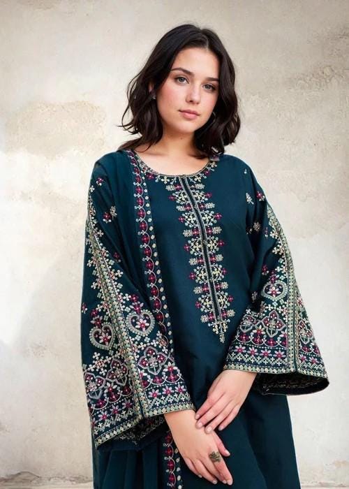 Embroidered Cotton Suit - Designer 3 piece - Chiffon Dupatta
