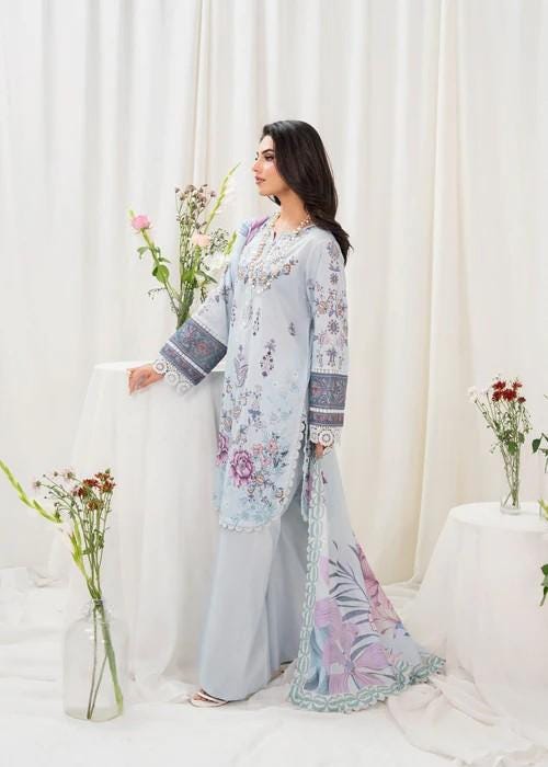 Designer Printed Cotton Suit - Soft Voile Chiffon Dupatta - Ice Blue