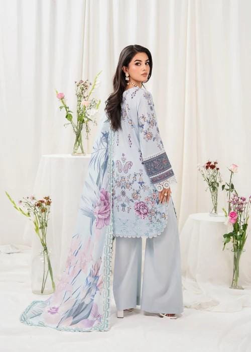 Designer Printed Cotton Suit - Soft Voile Chiffon Dupatta - Ice Blue