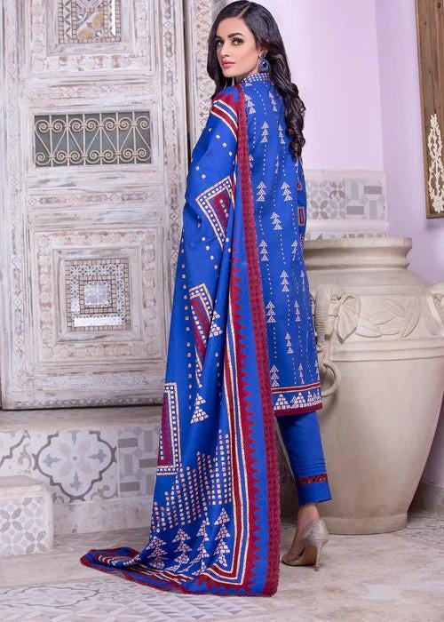 3 piece - Blue Embroidery Khaddar (Khadi) Suit - Size - Small