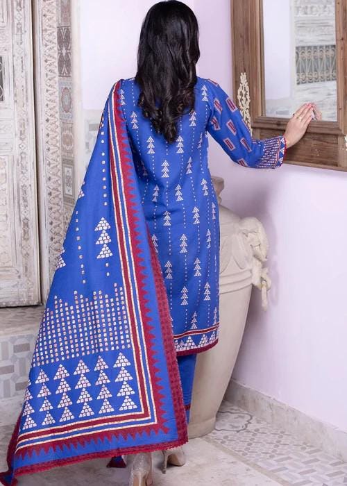 3 piece - Blue Embroidery Khaddar (Khadi) Suit - Size - Small