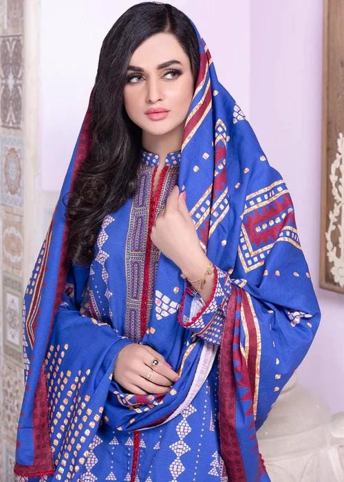 3 piece - Blue Embroidery Khaddar (Khadi) Suit - Size - Small